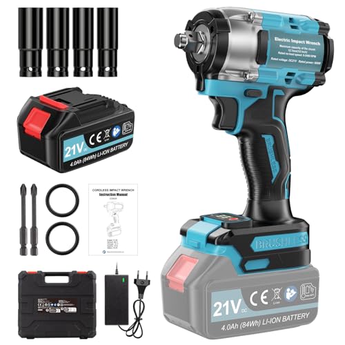 Chave de impacto de bateria de 650 N.m, 1/2 pistola de impacto sem escovas com baterias de 4000 mAh, carregador rápido, 4 chaves de copo, chave de impacto para carro e casa.