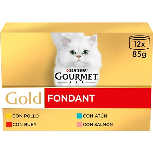 GOURMET Gold Fondant, comida húmida para gato adulto, mousse com molho, sortimento de frango, atum, boi e salmão, 8 pacotes de 12 latas de 85 g (96 latas)