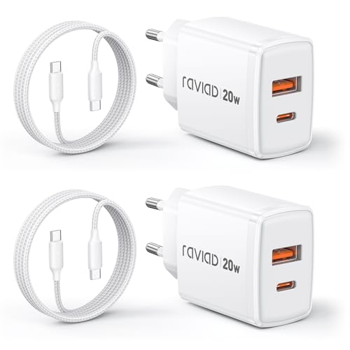 RAVIAD 20 W Carregador USB C, 2 unidades USB C tomada rápida 2 portas e cabo tipo C carregamento rápido 2 m, carregamento rápido tipo C carregador compatível com iPhone 16 15 Pro Max, Galaxy S25 S24
