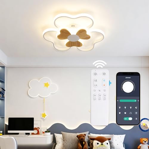 BLMYL - Candeeiro de teto LED para crianças, forma de flor de madeira, regulável 3000 K-6000K 36W 42 cm, candeeiro de teto para sala de estar, quarto bebé com função de noite