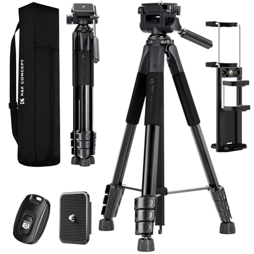 K&F Concept Tripé leve portátil 172 cm S254A3 BV01 Tripé para telemóvel de tubo perfilado de 5 lados para DSLR, câmara SLR digital, telemóvel, etc., com clipe para telemóvel