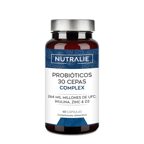 Probióticos e prebióticos intestinais [30 CEPAS premium] 264 mil milhões de UFC garantidos x doses, Melhoria defesas e flora intestinal, Biprotics 30 cepas complex, 60 cápsulas Nutralie