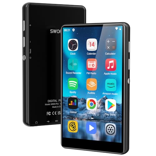 Leitor MP3 de 80 GB com Bluetooth e WiFi, leitor MP3 MP4 com ecrã tátil de 4 polegadas, leitor de música Android com Spotify, Amazon Music, audible, Hiby Music, suporte de 512 GB (4 polegadas)