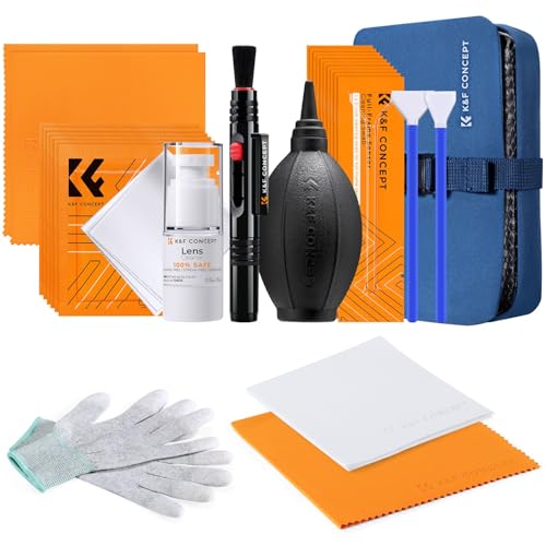 K&F Concept -Kit de limpeza câmara completa 23 em 1, pêra sopradora 10 bengala Swab 8 panos de microfibra pincel + 15 ml solução de limpeza saco impermável+luvas antiestáticas para Canon/Nikon