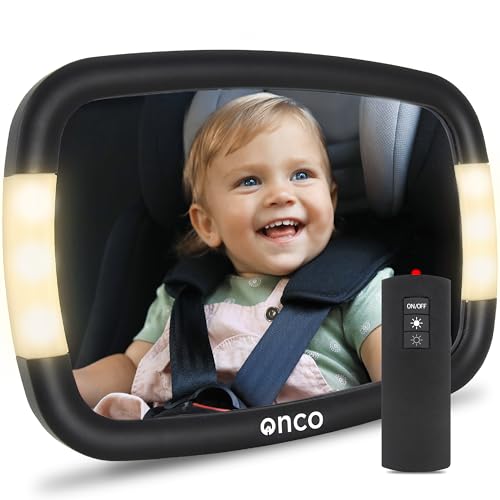 Onco Espelho carro bebé com LED - 2 modos de luz ambiente, 100% inquebrável, ajuste universal e orientável 360°, assento traseiro, retrovisor, acessórios
