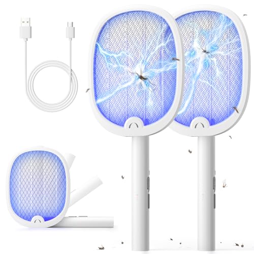 YISSVIC Raquete mosquitos elétrica 2 peças mata mosquitos elétrico dobrável 2 em 1 4000 V 1800 mAh USB-C recarregável mata-moscas elétrico de luz UV