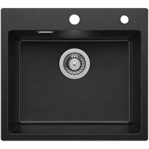 Auralum Lava-louça cozinha preto 50 x 45 cm, granito lava-louça cozinha 1 seio com sifão e conjunto de ralo, lava-louça sobre bancada para móveis 50 cm