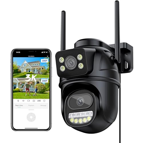 Reobiux 3K Câmara de vigilância WiFi exterior, 6 MP, câmara IP vigilância doméstica com lente dupla, visão noturna cor, rastreamento automático, áudio bidirecional, gravação contínua 24/7, IP66