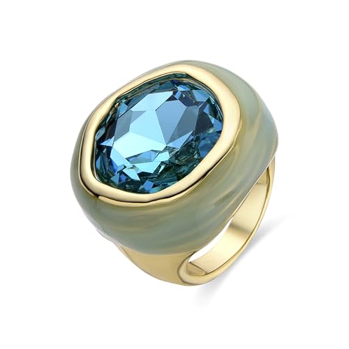 LUXENTER Anel mulher em liga de metal com vidro cor azul e dourado acabamento em ouro amarelo de 18 k modelo anti-tamanho 14, Metal, Cristal