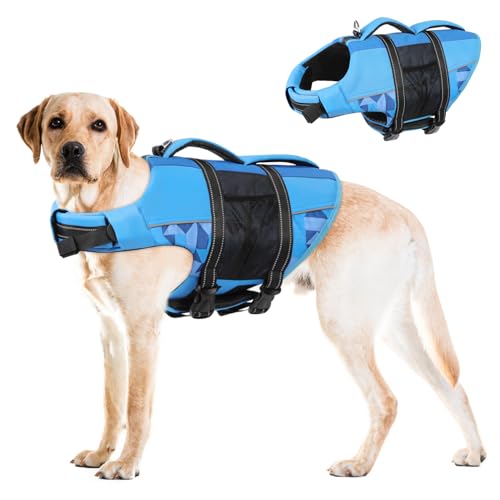 CITÉTOILE Coletes alvavidas para cães, flutuante ajustável para animais de estimação com alça, fato de banho de segurança para água para navegar na piscina da praia, azul, XXL