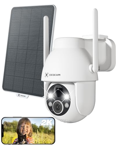 COCOCAM 2K Câmara de vigilância WiFi exterior com painel solar, PTZ bateria, visão noturna colorida, AI reconhecimento, detecção PIR, nuvem (branca)