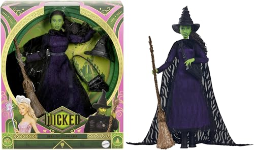 Mattel Wicked Elphaba boneca de moda de luxo articulada e acessórios, estilo inspirado em filme com cabelo trançado, HXY38