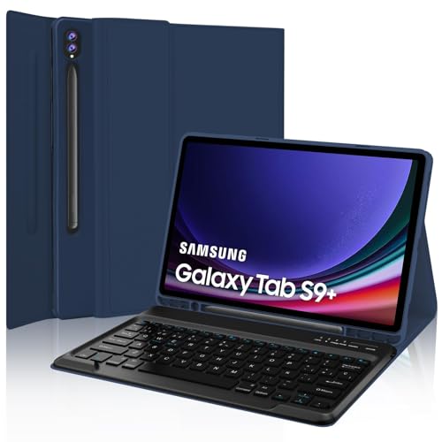 Teclado Samsung Galaxy Tab S9 Plus 12,4" 2023, capa com teclado Espanha Ñ Bluetooth para Galaxy Tab S9 FE Plus 12,4" (SM-X810/X816B/X818U), azul-escuro