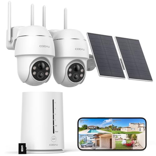 COOAU 4MP Kit câmara de vigilância WiFi exterior solar, 2,5 K câmara de segurança sem custo mensal com memória local de 64 GB, tecnologia H.265 360 graus conjunto de 2 câmaras visão noturna em cores