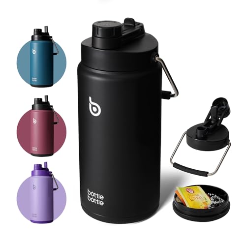 Garrafa de água isolada de 2 litros com popote e tampa de dupla utilização, jarro de água de meio galão, de aço inoxidável a vácuo para treino e desportos, caneca de cerveja isolada com alça (preto