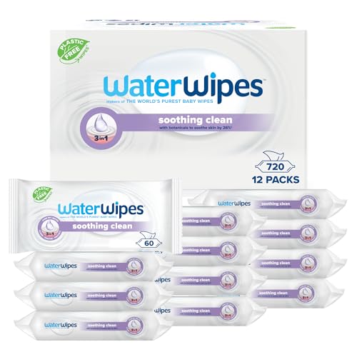 WaterWipes Limpeza calmante toalhas para bebé, 720 toalhetes (12 pacotes), com 99% de água e extratos botânicos, toalhetes húmidos para rosto e corpo