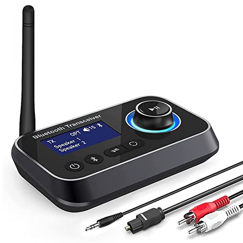 Ainostone 3 em 1 transmissor recetor Bluetooth para 2 auriculares adaptador Bluetooth 5.3 com ecrã LCD latência Aux 3,5 mm ótico RCA latência emissor Bluetooth áudio para TV, estéreo, altifalantes