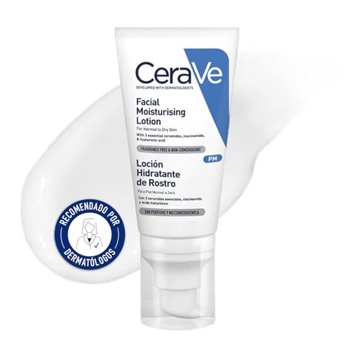 CeraVe, Loção hidratante de rosto PM, para pele normal a seco, hidrata e restaura a barreira protetora da pele, enriquecida com ceramidas essenciais, niacinamida e ácido hialurónico 52 ml