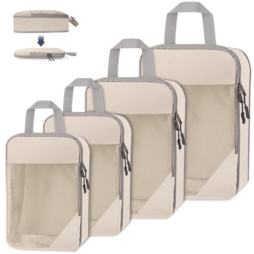 WUFANC Conjunto de organizador de mala de viagem de 4 peças, malas organizadoras mala compactáveis impermeáveis e fáceis de armazenar, embalagens de cubos de compressão Vieifo, respiráveis (bege)