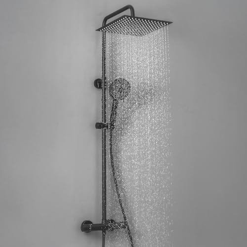 Auralum Coluna duche térmica, chuveiros de casa de banho coluna altura ajustável, cabeça de duche grande 30 x 30 cm de aço inoxidável, torneira de latão (preto)
