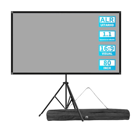 VISULAPEX Tela projetor portátil de 80" ALR com tripé, 16:9, tecido projetor portátil, para interior e exterior cinema em casa campismo eventos reativos