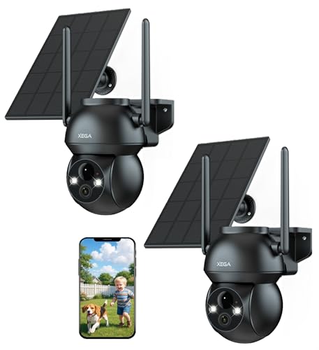 Xega 2 peças câmara de vigilância WiFi exterior solar, bateria incorporada recarregável, 2 K HD visão noturna colorida, detecção humana PIR áudio bidirecional nuvem / cartão TF WiFi 2,4 GHz IP66