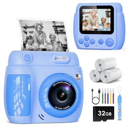Câmara com fotos infantis instantâneas, LETSHAHA 1080P 20MP 10X 2,4 polegadas câmara de fotos instantâneas com 32 GB cartão e três rolos de papel para impressora, presentes para crianças entre 5 e 11