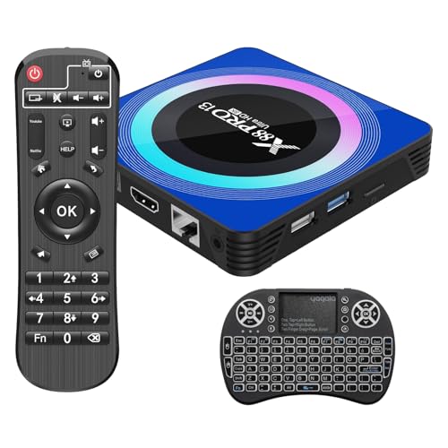 Android 13.0 TV Box, Android Box 4 GB RAM 64 GB ROM Quad-Core com mini teclado sem fio, 2,4/5,0 GHz Wi-Fi de banda dupla BT 5.0 10/100 M Ethernet HDMI 8K Android TV Box