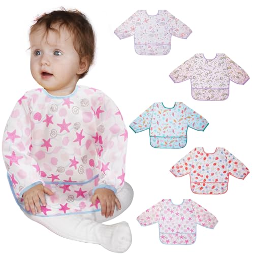 Lictin 5 Pcs Babete com mangas impermeável, babador de manga comprida com decote ajustável para crianças bebé (6-24 meses)