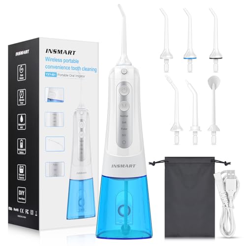 INSMART Irrigador dental portátil, 300 ml irrigador bucal sem fios portátil profissional limpar dentes com 6 boquilhas 4 modos para casa e viagens, IPX7 impermeável USB recarregável para