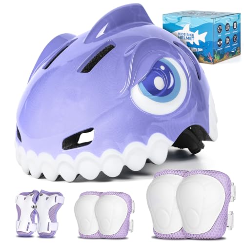 FUNWICT Capacete bicicleta crianças 3D animados capacete bicicleta para meninos e meninas de 3 a 8 anos ajustável capacete bicicleta bebé com conjunto protetores para bicicleta, skate e skate