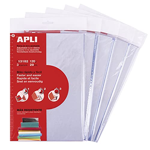 APLI 19012 - Forros de livros ajustáveis em PVC grosso ultra resistente | tamanho 290 x 530 mm, 120 µ | aba auto-adesiva sem necessidade de tesoura ou fita, conjunto escolar de 15 unidades
