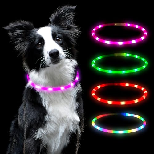 AUAUY Coleira luminosa cão, coleira LED cão recarregável por USB tamanho ajustável, coleira de luzes para cães refletor resistente à água luz pode cortar arbitrariamente coleiras - rosa