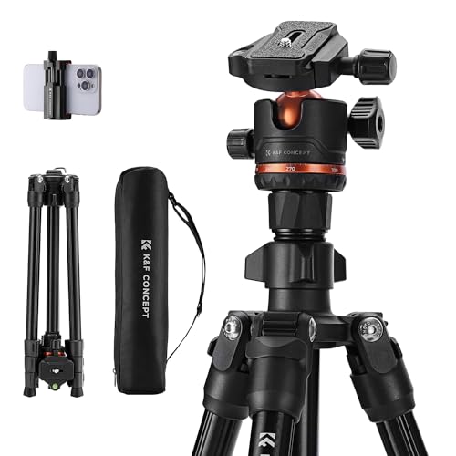 K&F Concept Tripé câmara 178 cm K234A3 BH-36 tripé de vídeo compacto com cabeça esférica, tripé para viajar capacidade de carga 8 kg, tripé alumínio com clipe para telemóvel