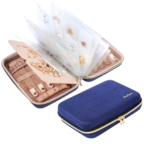 Procase Organizador para jóias de viagem, estojo para jóias com bolsos transparentes, caixa de jóias portátil com fecho de correr para brincos, anéis, colares, pulseiras - azul, L