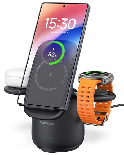 SwanScout Carregador sem fios para Samsung, estação de carregamento sem fios 3 em 1 para Galaxy S25 Ultra/S24/S23, base de carregamento para Galaxy Watch Ultra/7/6/5 Pro/4/Galaxy Buds, 707S (sem