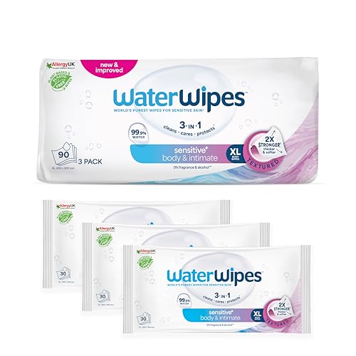 WaterWipes Sensitive+ Body & Intimate Wipes, 90 toalhitas (3 embalagens), 3 em 1 limpa, cuidado, protege, 99,9% de água, sem perfume e higiene, cuidado adulto