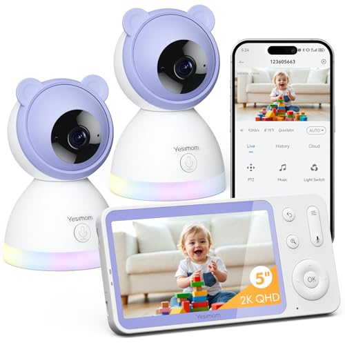 YESIMOM 2K Câmara de vigilância para bebé com 2 câmaras, ecrã de 5", 360 °PTZ, comunicação bidirecional, monitorização de movimento e acompanhamento automático, alarme de área personalizado, com App