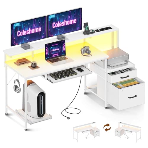 Coleshome Mesa de jogos com LED, 140 x 48 cm, secretária Gamer reversível, com tomadas de energia e USB, secretária com gavetas de tecido e arquivo, mesa com bandeja para quarto casa, branco