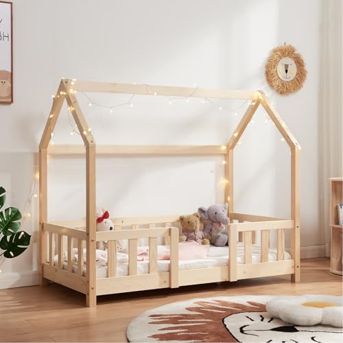 [en.casa] Cama para crianças Sisimiut de madeira pinheiro 70 x 140 cm cama infantil com grade protetora e Sommier forma de casa casa casa - pinheiro natural