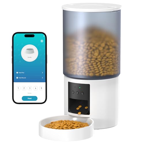 Alimentador gato automático WiFi: Dispensador comida gatos/cães com gravação 10s - máquina de comida inteligente para Kitty temporizador programável alimentador automático gatos Control App 6L branco