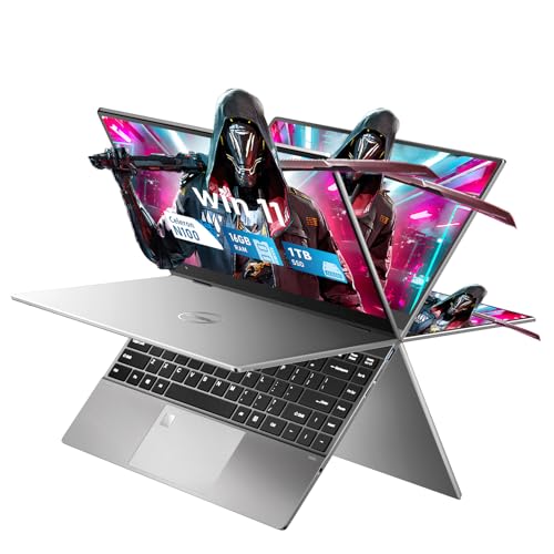 FUNYET PC portáteis 2 em 1, processador N100 16 GB RAM 1TB SSD Win 11 PC portátil, computador portátil de 14 polegadas Yo-ga, teclado Bluetooth com retroiluminação e desbloqueio de impressões digitais
