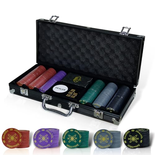 CCLIFE Jogo de poker profissional mala de alumínio de poker Set 300 chips, baralhos de cartas, distribuidor, cego pequeno, Big Blind Buttons, tapete e 5 dados