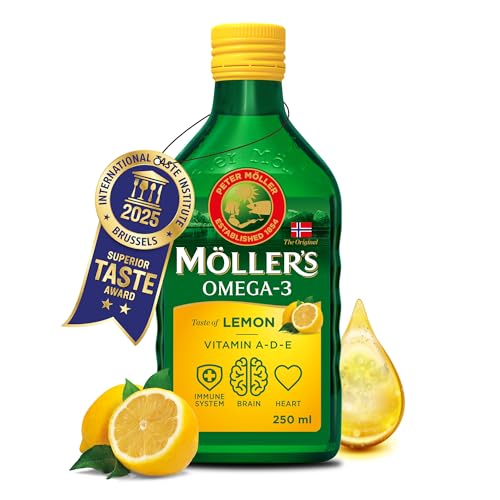 Moller's ® Óleo de fígado de bacalhau | complemento dietético com ómega - 3 EPA, DHA e vitaminas A, D e E | sabor de limão, 250 ml