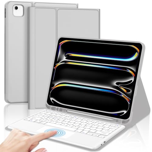 Teclado para iPad Pro 13 2024 13 polegadas com Touchpad, QWERTY espanhol Ñ, Bluetooth magneticamente removível Trackpad capa teclado com suporte para lápis para iPad Pro 13 M4, cinzento claro