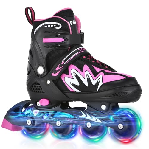 TOMSHOO Patins online para meninas, patins em 4 tamanhos ajustáveis, rodas LED, patins linha para crianças, meninas, adolescentes iniciantes