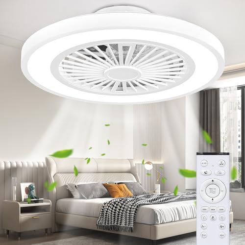 Ateroll Ventoinha de teto com luz e controlo remoto, Ø 54 cm, ventilador silencioso, 6 velocidades de vento ajustável com controlo remoto, temporizador, memória de luz, modo de verão e inverno