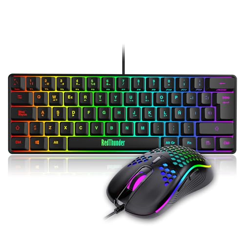 RedThunder Teclado mecânico com fios Gaming 60%, retroiluminação RGB dinâmica, rato celular leve de 7200 dpi, teclado ultra compacto 62 teclas anti-fantasmas, disposição QWERTY ES, para PC/PS5/Xbox