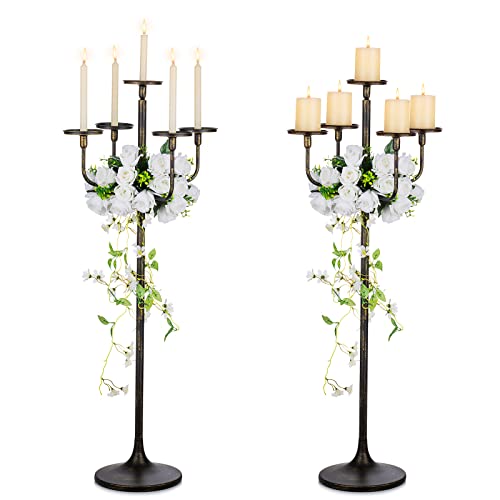 Sziqiqi Candelabro pé para centro de mesa: 2 peças suporte de velas pretas de 122 cm de altura para coluna cônicas - candelabro extra grande de 5 braços para o Halloween Natal festas decoração gótica