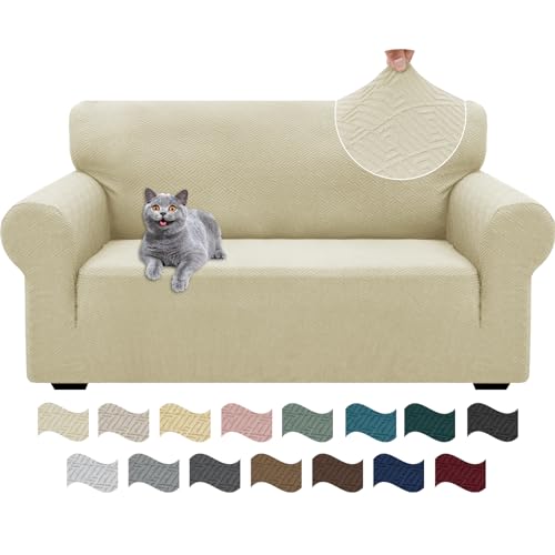 Ystyle Capa para sofá ajustável de 2 lugares, capas para sofá elástico, capa de sofá anti-gatos cães, sofá cover com apoios de braços, Jacquard capas cobertura sofá antiderrapante lavável, bege claro